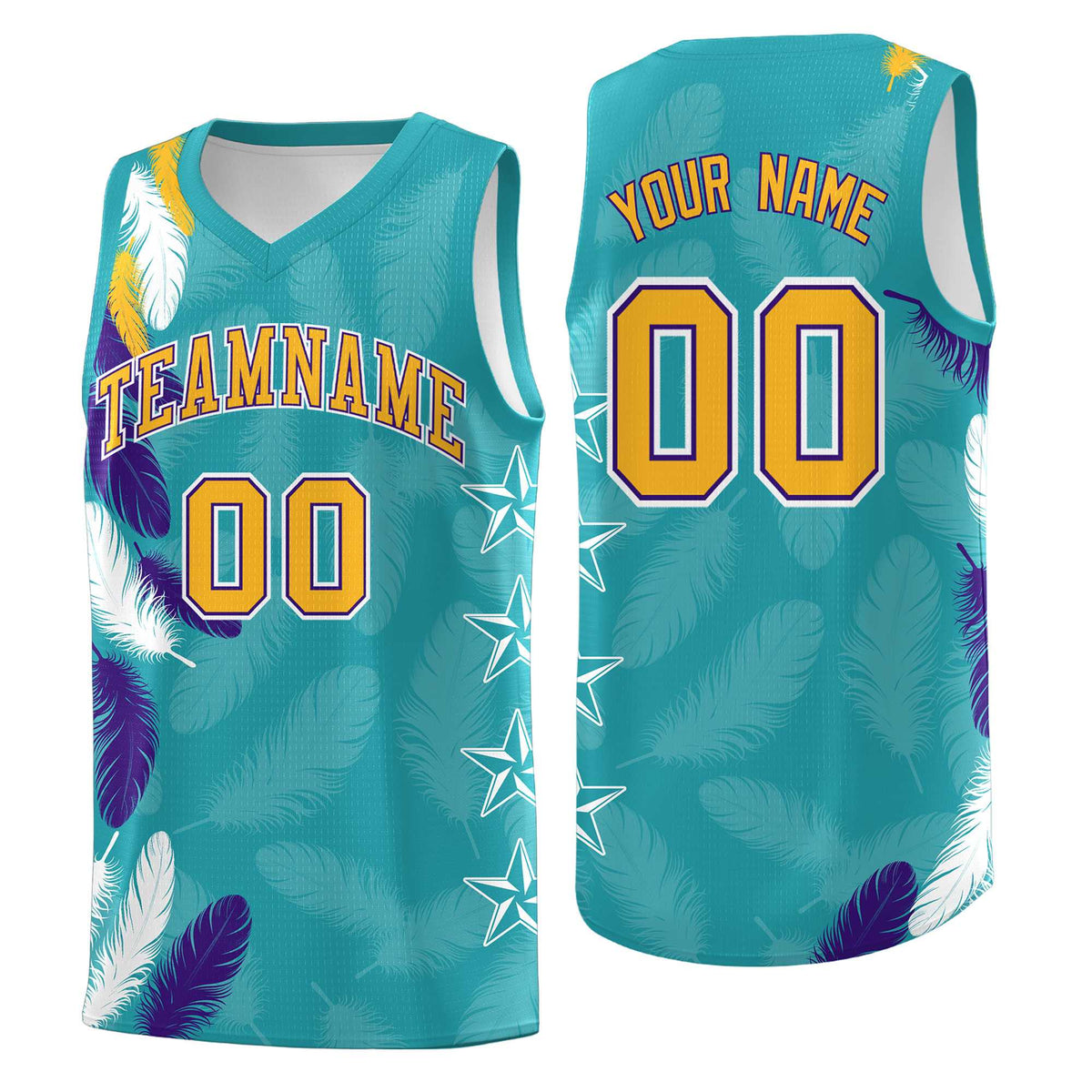 Custom Youth Basketball Jersey Aqua Gold Feather Series Sports Uniform