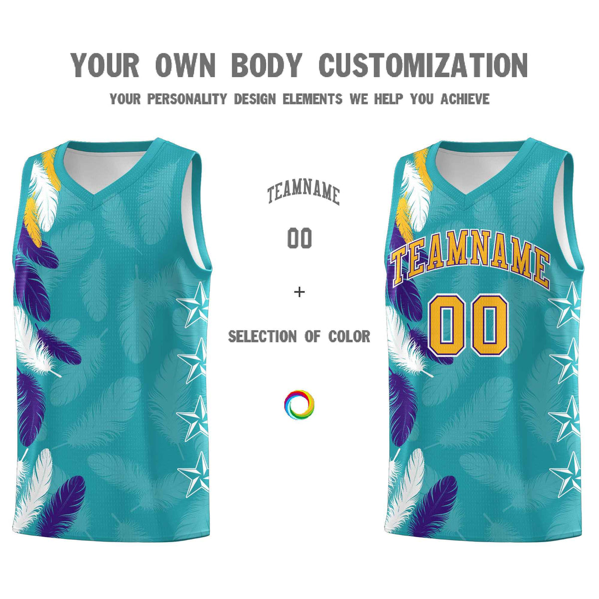 Custom Youth Basketball Jersey Aqua Gold Feather Series Sports Uniform