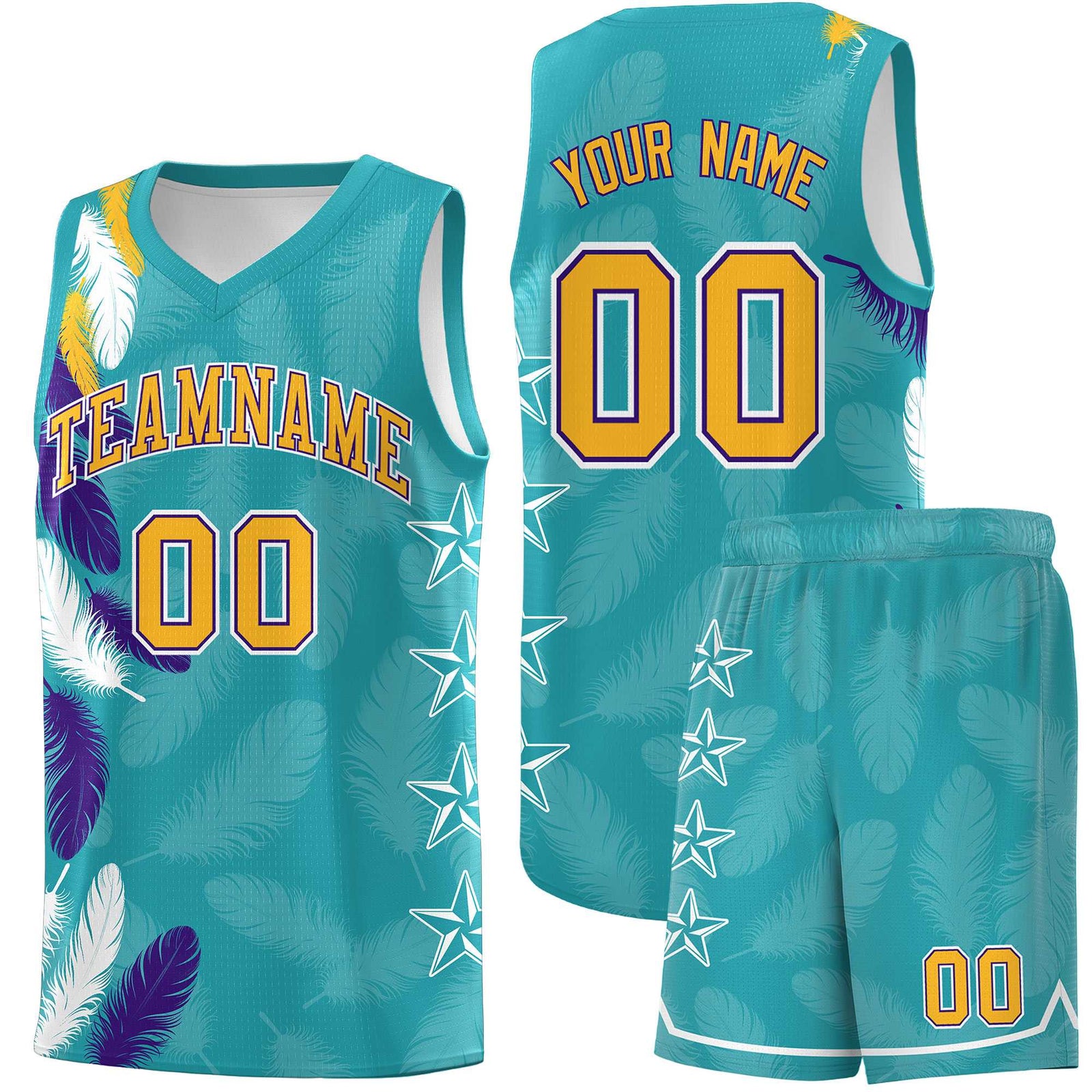 Custom Youth Basketball Jersey Aqua Gold Feather Series Sports Uniform