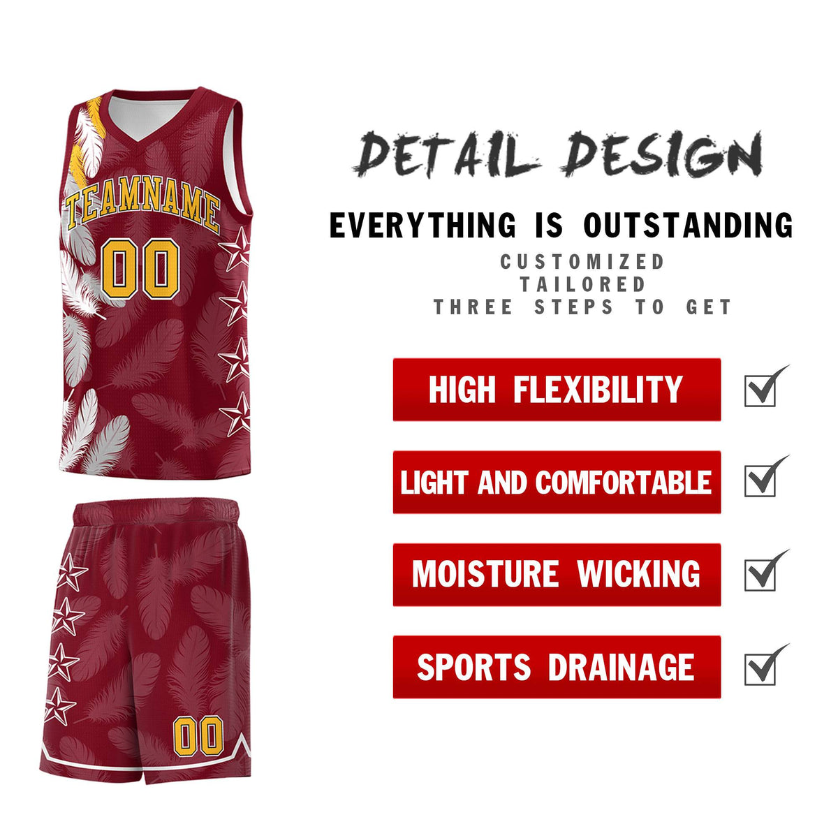 Custom Youth Basketball Jersey Crimson Gold Feather Series Sports Uniform