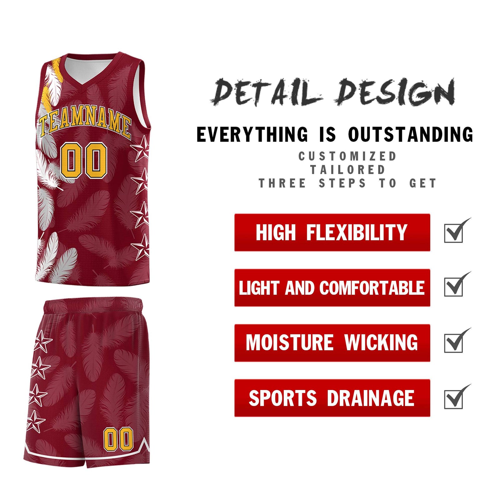 Custom Youth Basketball Jersey Crimson Gold Feather Series Sports Uniform