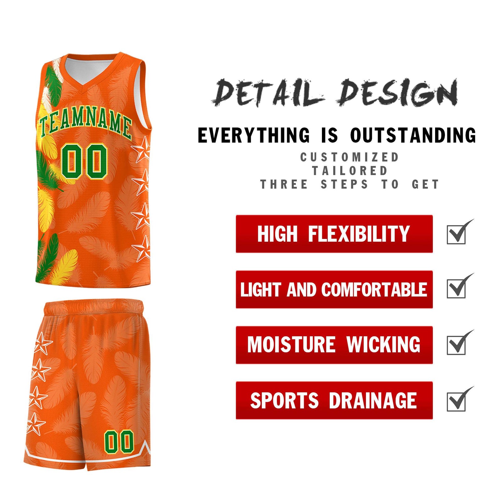 Custom Youth Basketball Jersey Orange Kelly Green Feather Series Sports Uniform