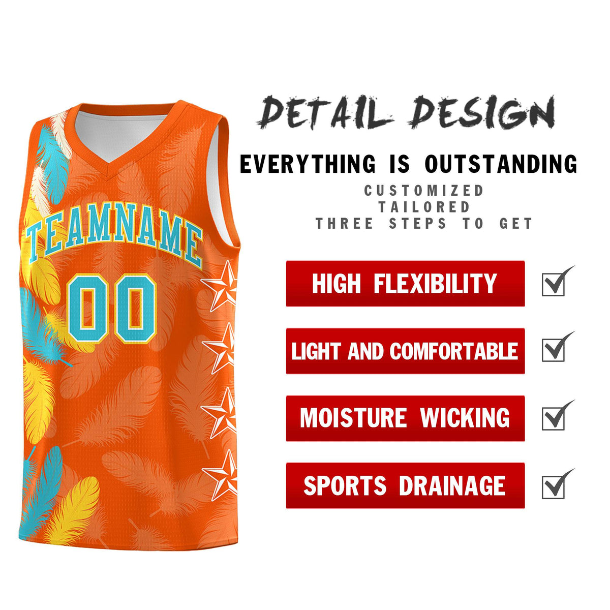Custom Youth Basketball Jersey Orange Sky Blue Feather Series Sports Uniform