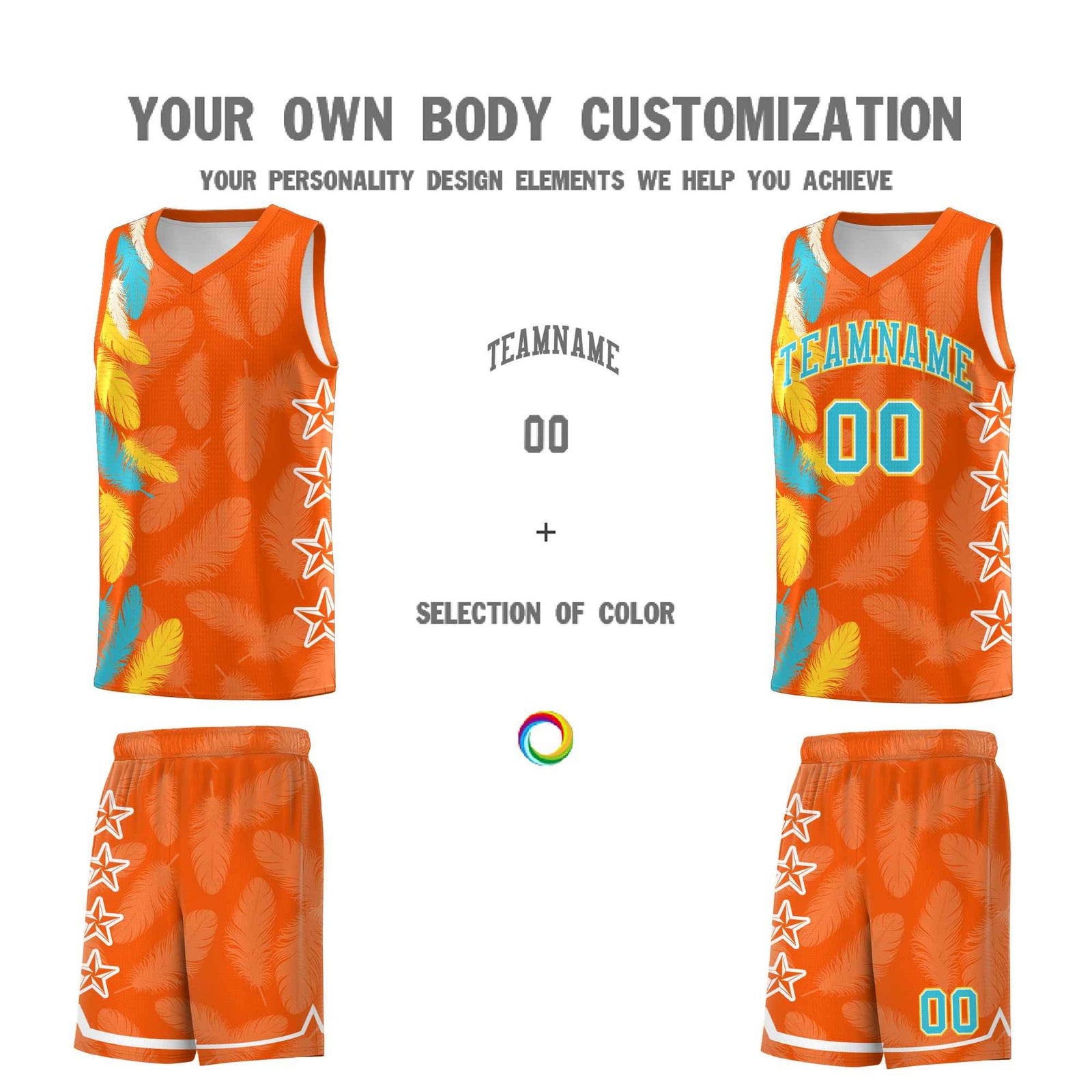 Custom Youth Basketball Jersey Orange Sky Blue Feather Series Sports Uniform