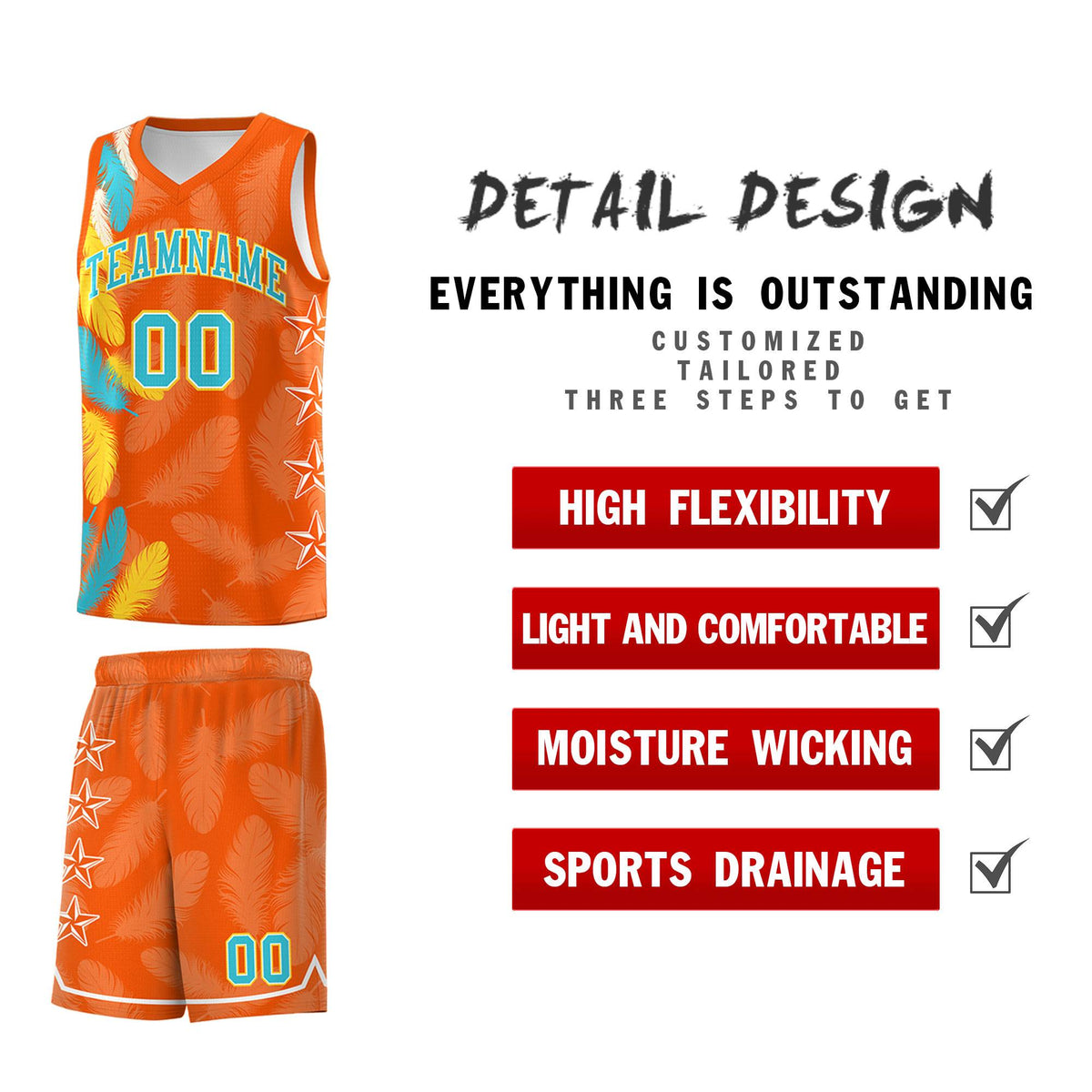 Custom Youth Basketball Jersey Orange Sky Blue Feather Series Sports Uniform