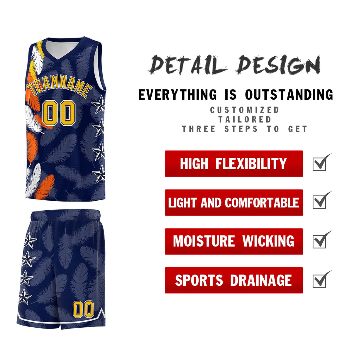 Custom Youth Basketball Jersey Navy Gold Feather Series Sports Uniform