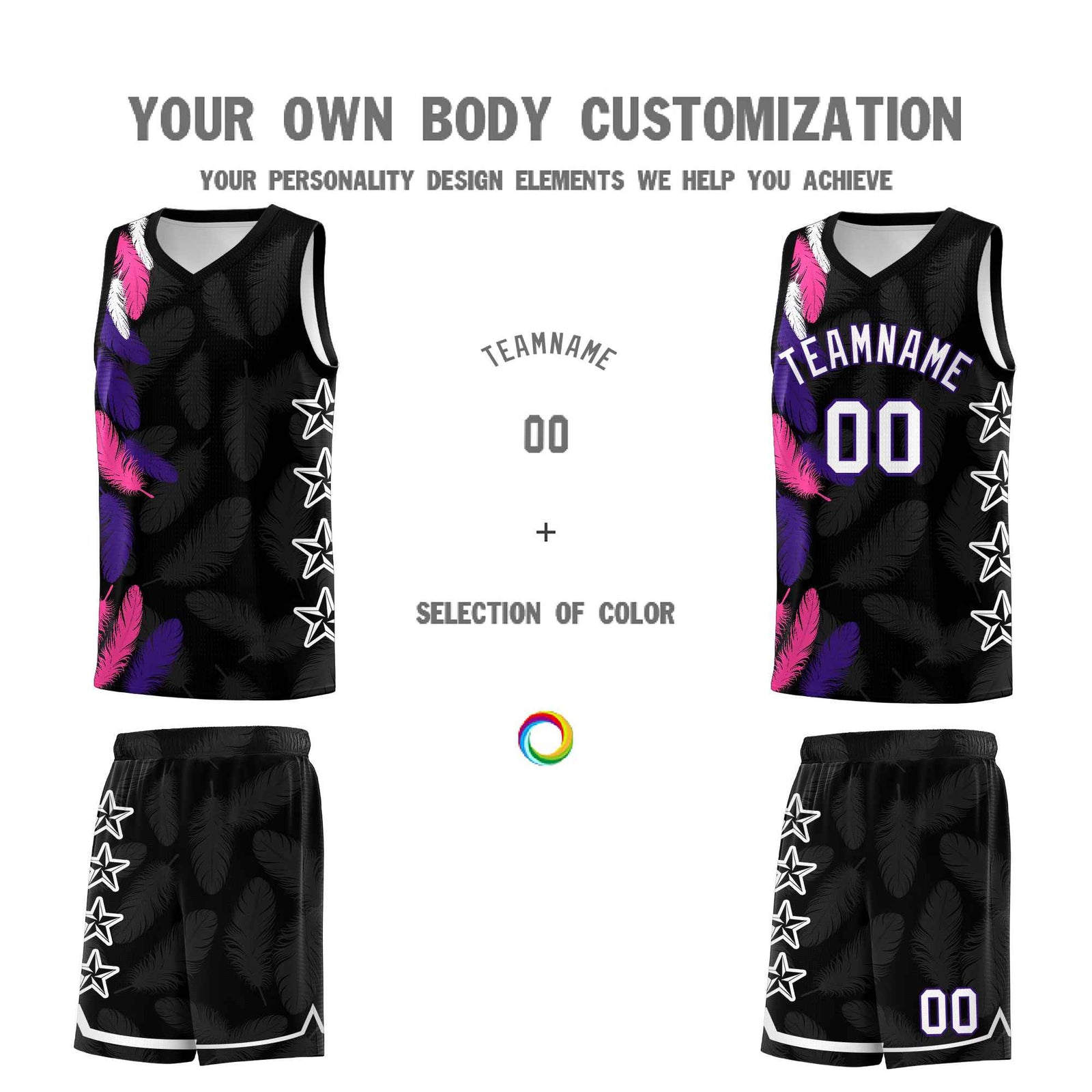 Custom Youth Basketball Jersey Black White Feather Series Sports Uniform