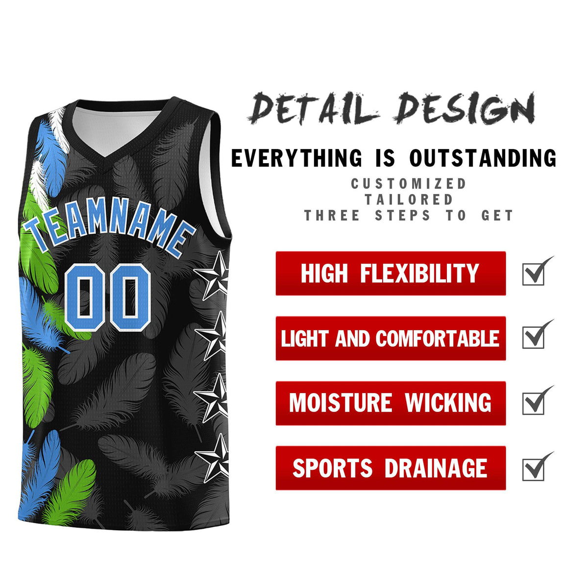 Custom Youth Basketball Jersey Black Powder Blue Feather Series Sports Uniform