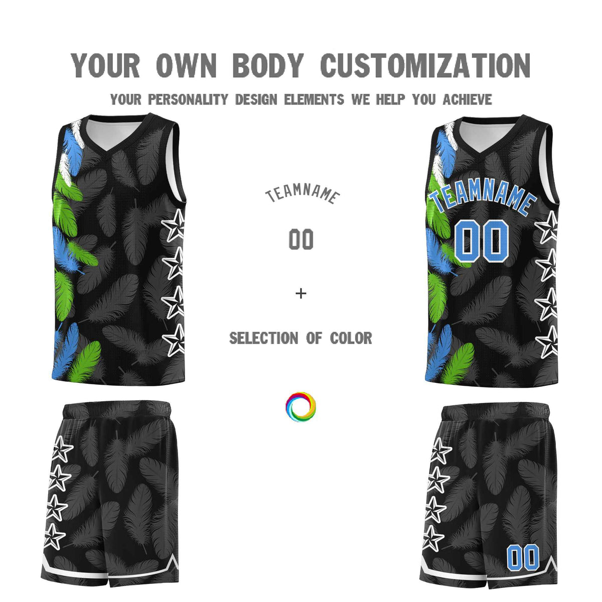 Custom Youth Basketball Jersey Black Powder Blue Feather Series Sports Uniform