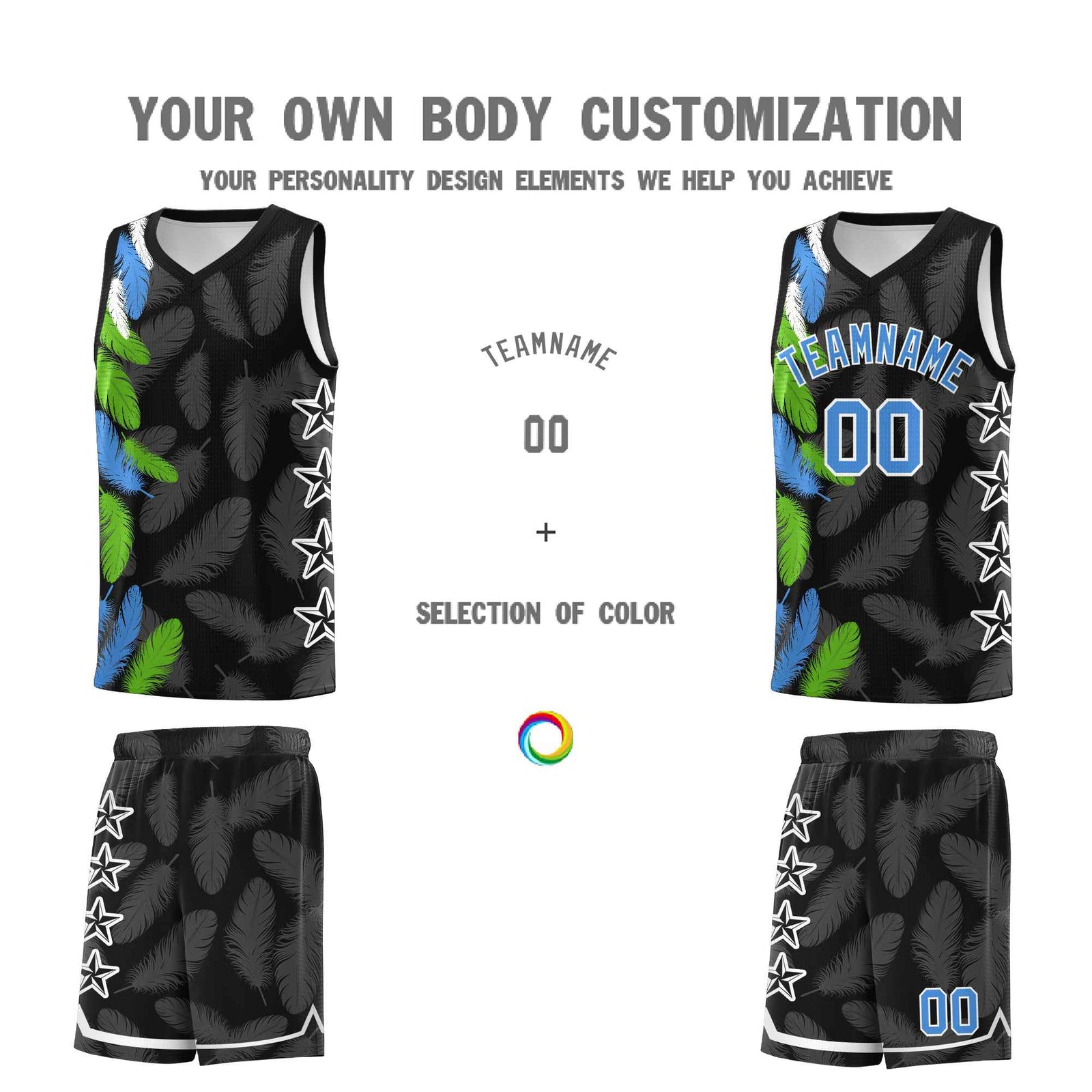 Custom Youth Basketball Jersey Black Powder Blue Feather Series Sports Uniform