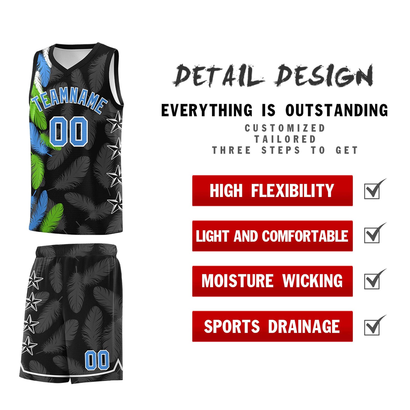 Custom Youth Basketball Jersey Black Powder Blue Feather Series Sports Uniform