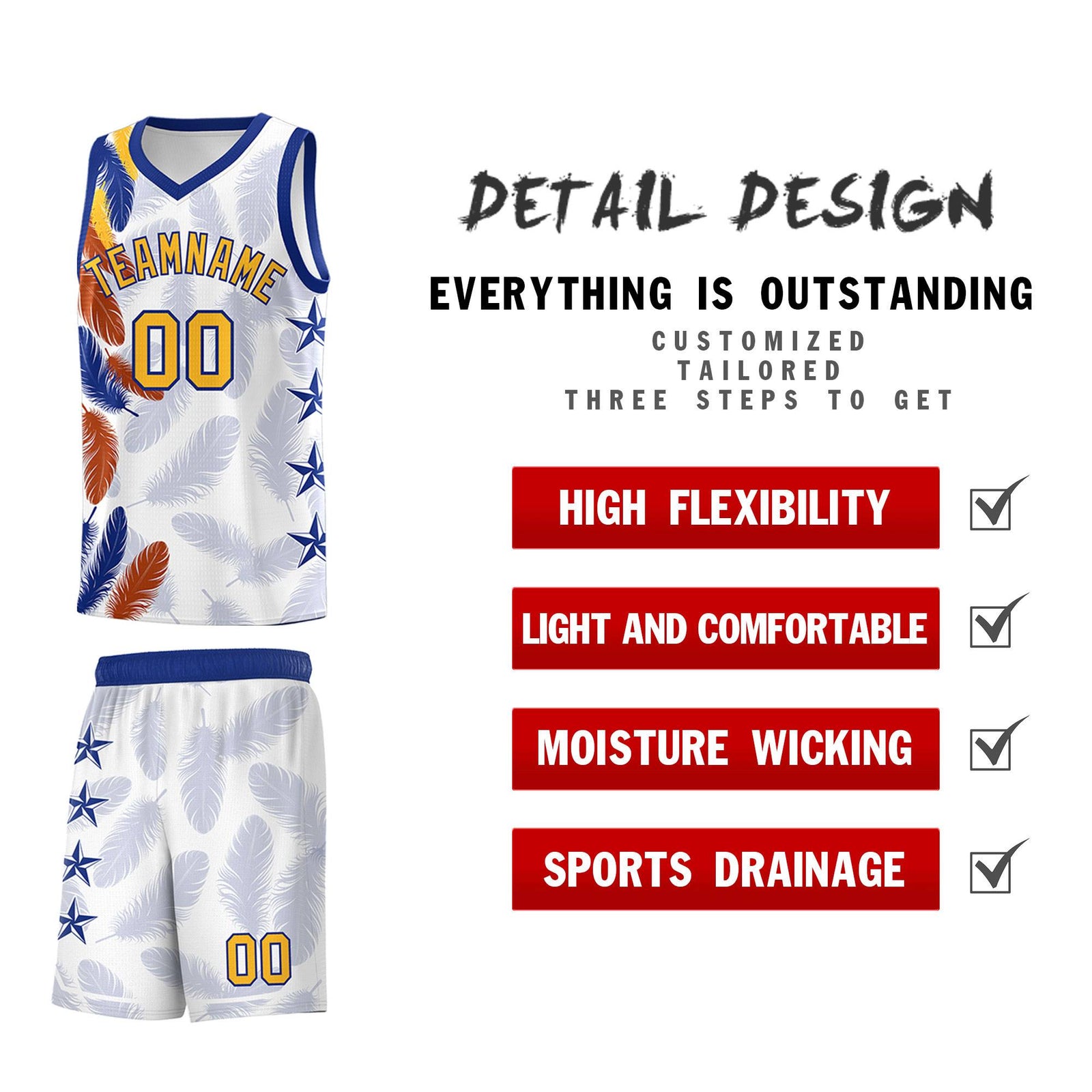 Custom Youth Basketball Jersey White Gold Feather Series Sports Uniform