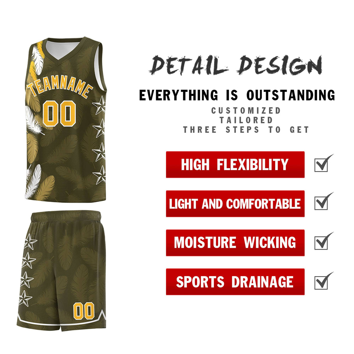 Custom Youth Basketball Jersey Olive Gold Feather Series Sports Uniform