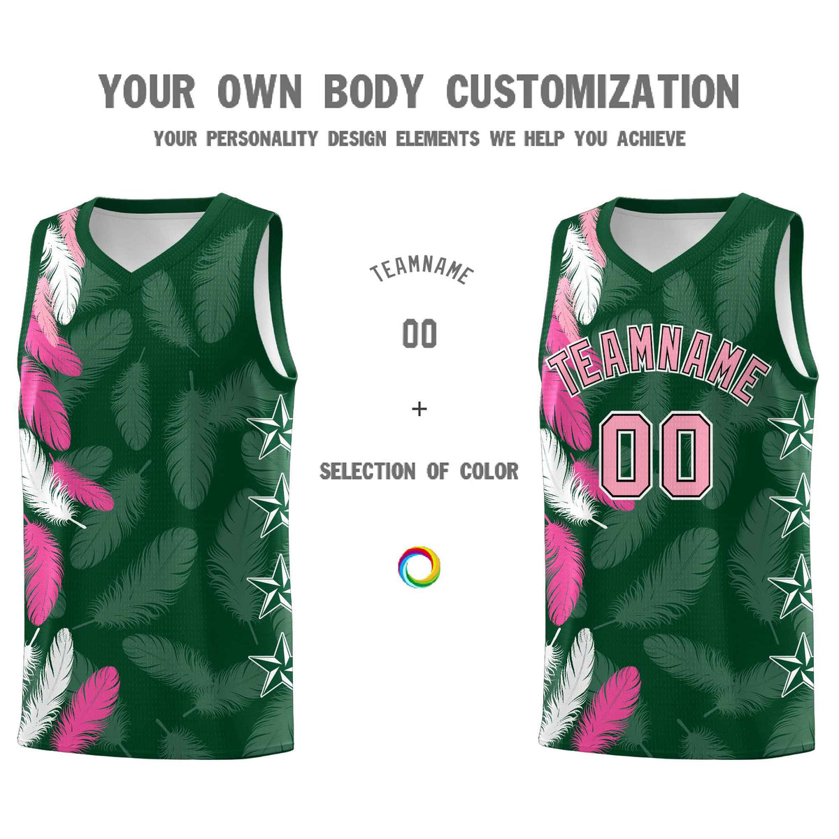 Custom Youth Basketball Jersey Green Light Pink Feather Series Sports Uniform