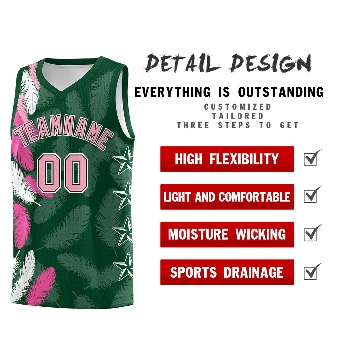 Custom Youth Basketball Jersey Green Light Pink Feather Series Sports Uniform