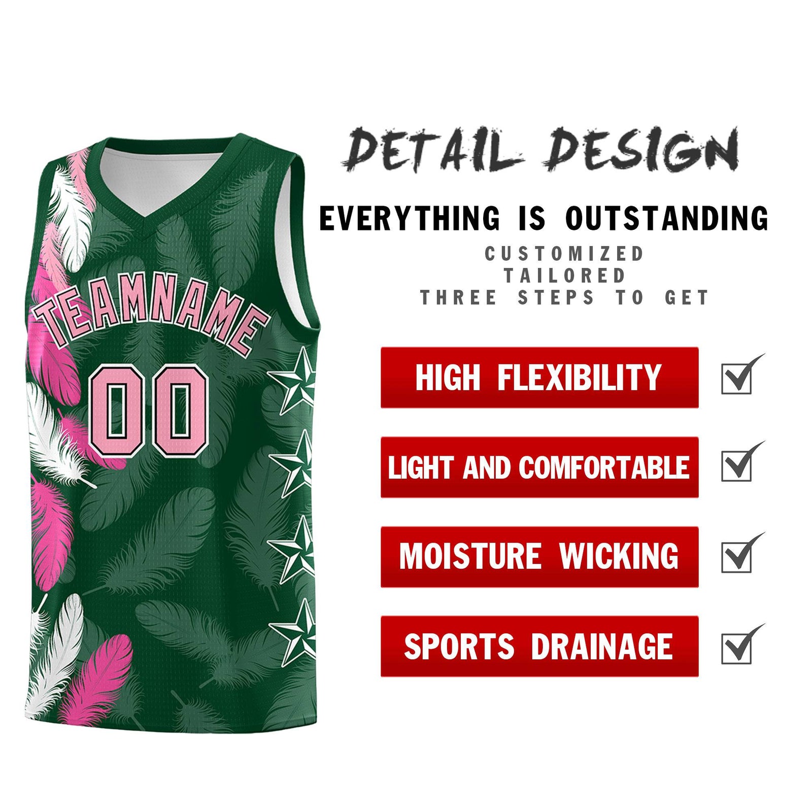 Custom Youth Basketball Jersey Green Light Pink Feather Series Sports Uniform