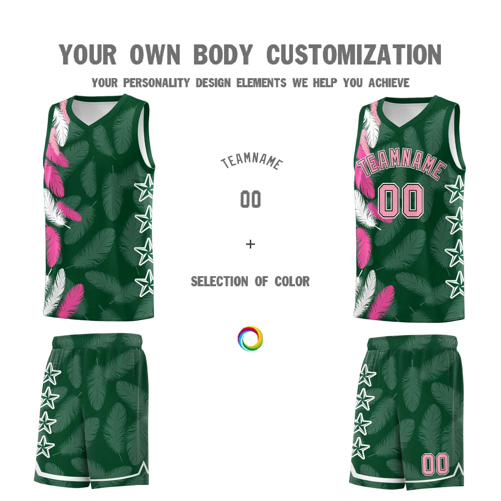 Custom Youth Basketball Jersey Green Light Pink Feather Series Sports Uniform