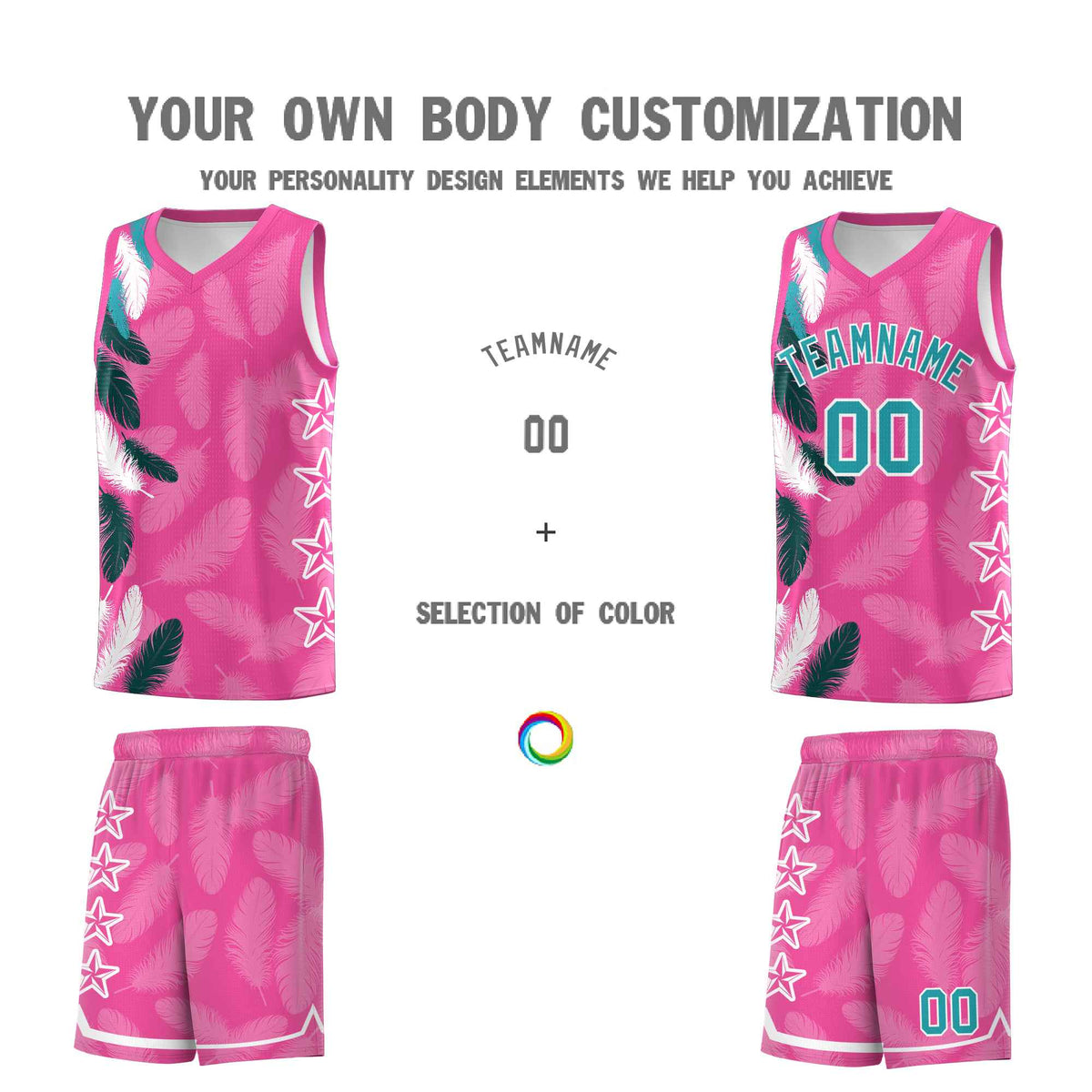 Custom Youth Basketball Jersey Pink Aqua Feather Series Sports Uniform