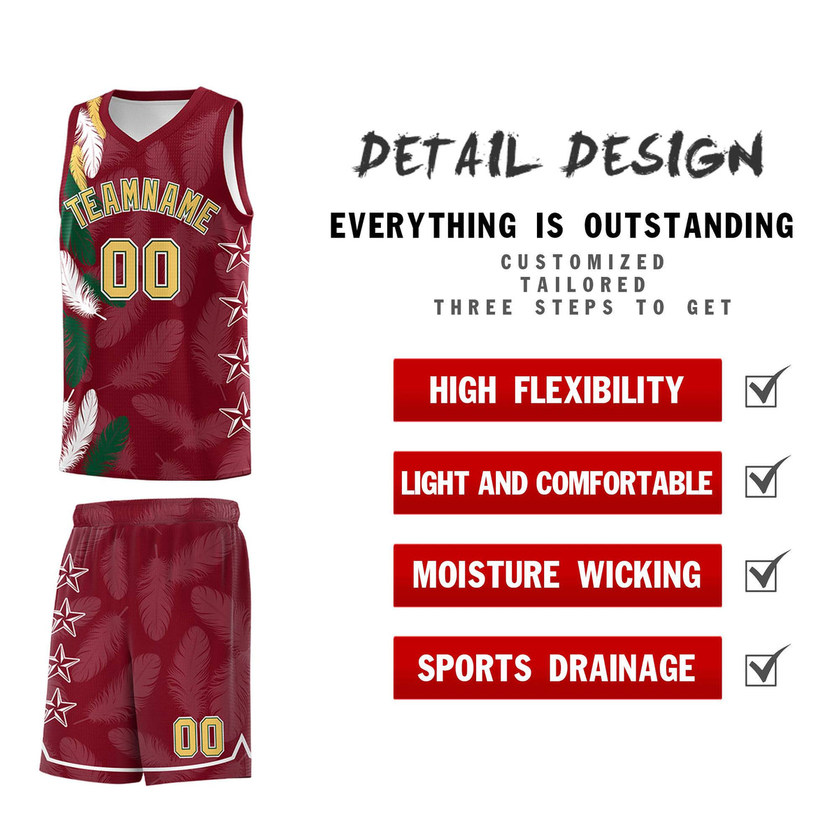 Custom Youth Basketball Jersey Crimson Old Gold Feather Series Sports Uniform