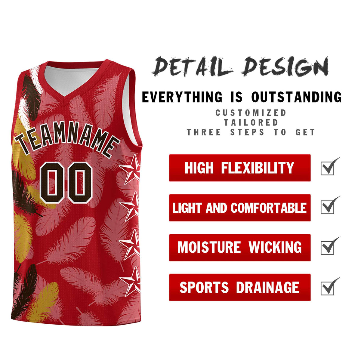 Custom Youth Basketball Jersey Red Brown Feather Series Sports Uniform