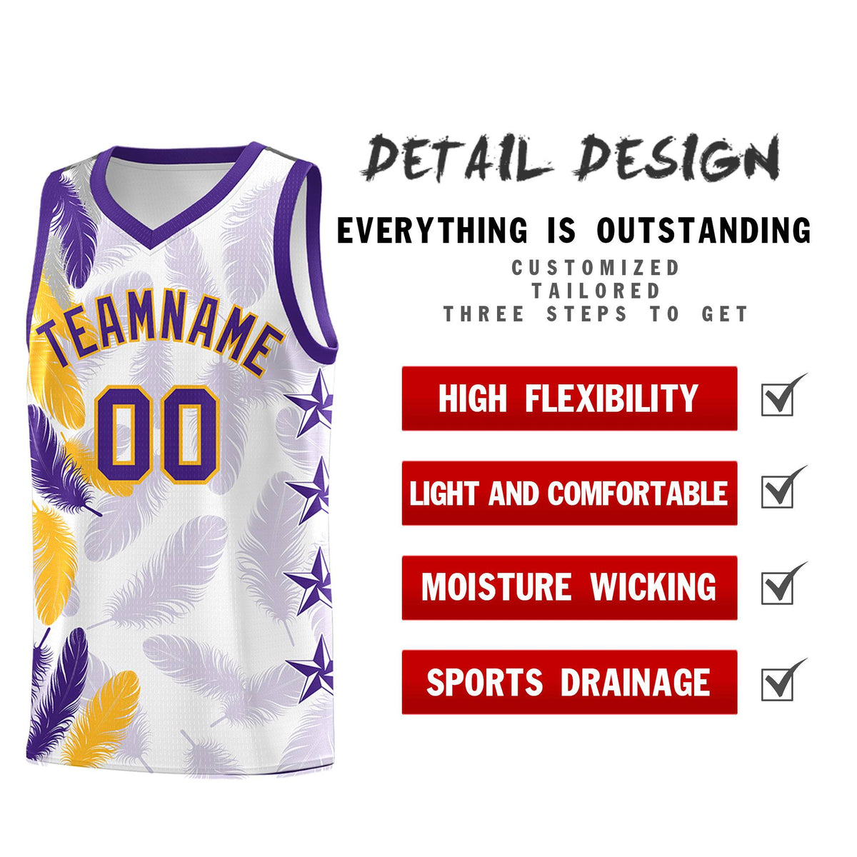 Custom Youth Basketball Jersey White Purple Feather Series Sports Uniform
