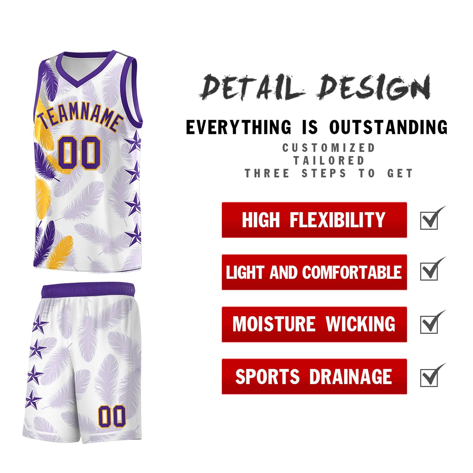 Custom Youth Basketball Jersey White Purple Feather Series Sports Uniform