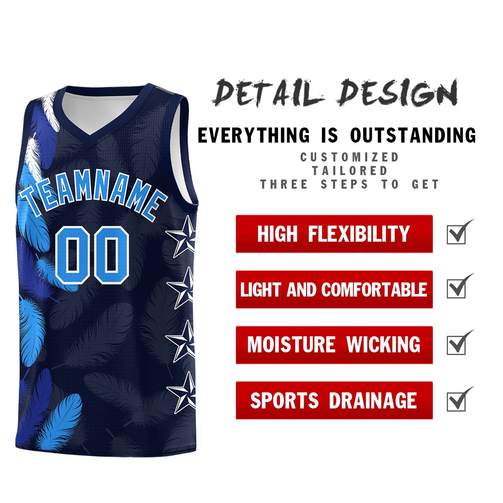 Custom Youth Basketball Jersey Navy Powder Blue Feather Series Sports Uniform