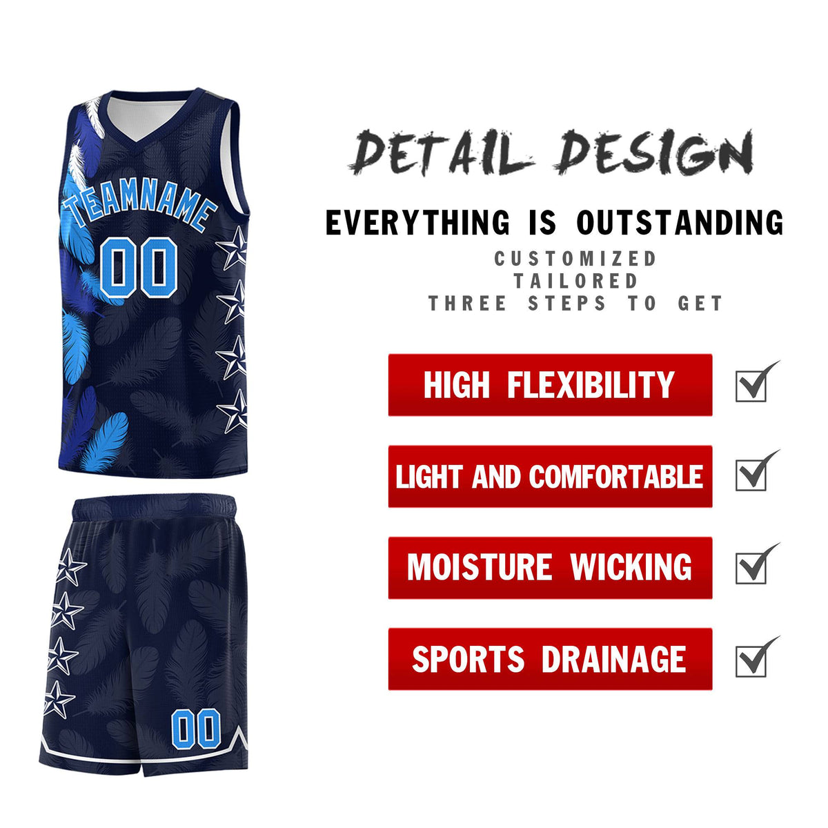 Custom Youth Basketball Jersey Navy Powder Blue Feather Series Sports Uniform