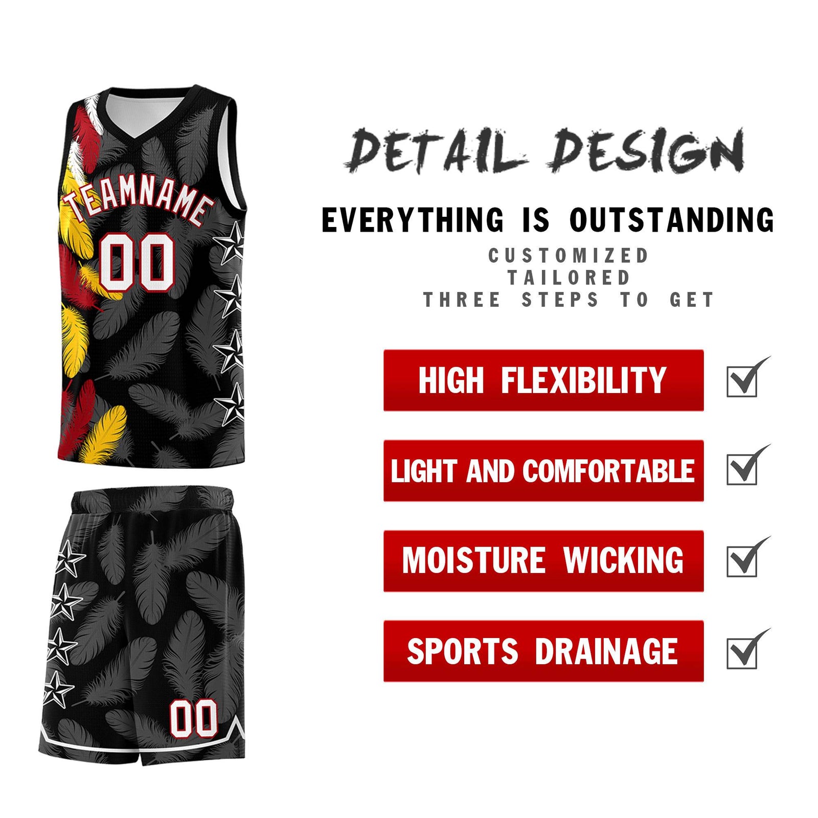 Custom Youth Basketball Jersey Black White Feather Series Sports Uniform