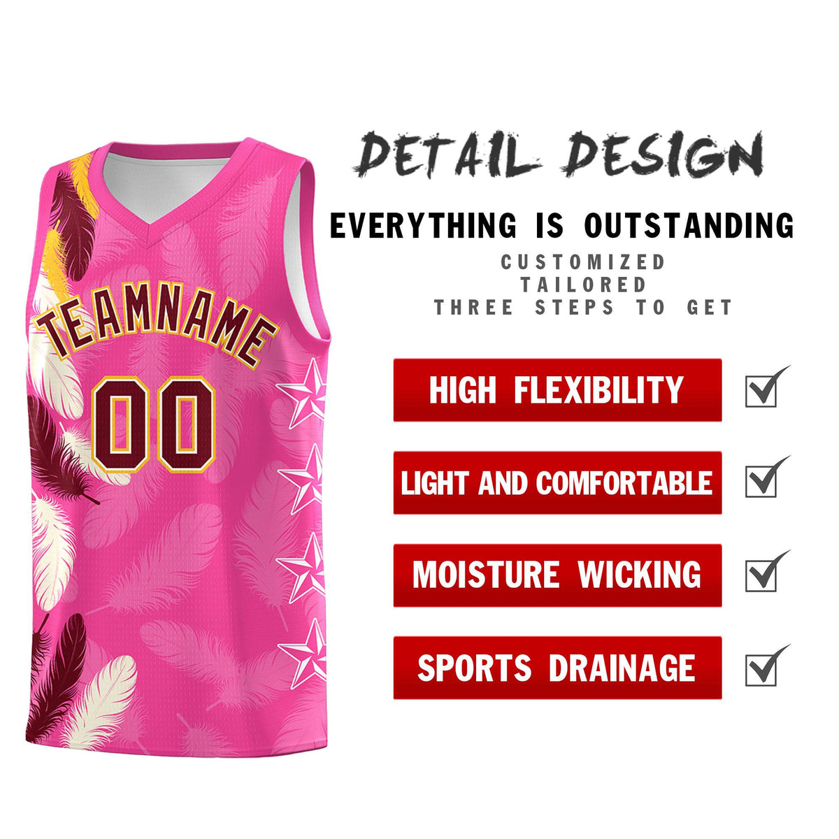 Custom Youth Basketball Jersey Pink Crimson Feather Series Sports Uniform