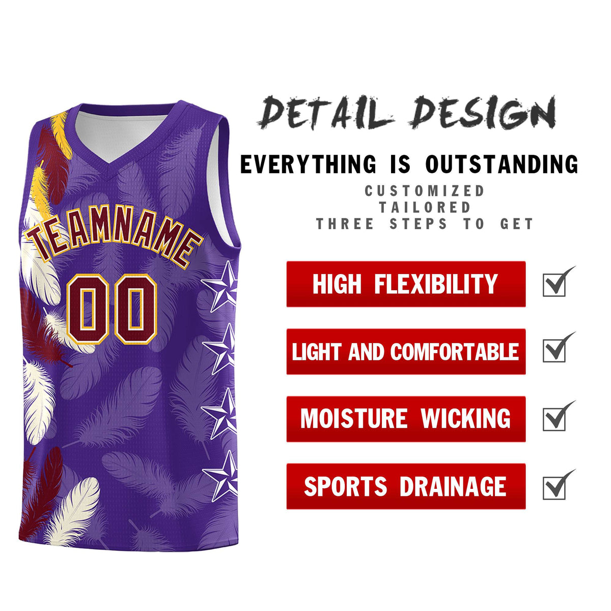 Custom Youth Basketball Jersey Purple Crimson Feather Series Sports Uniform