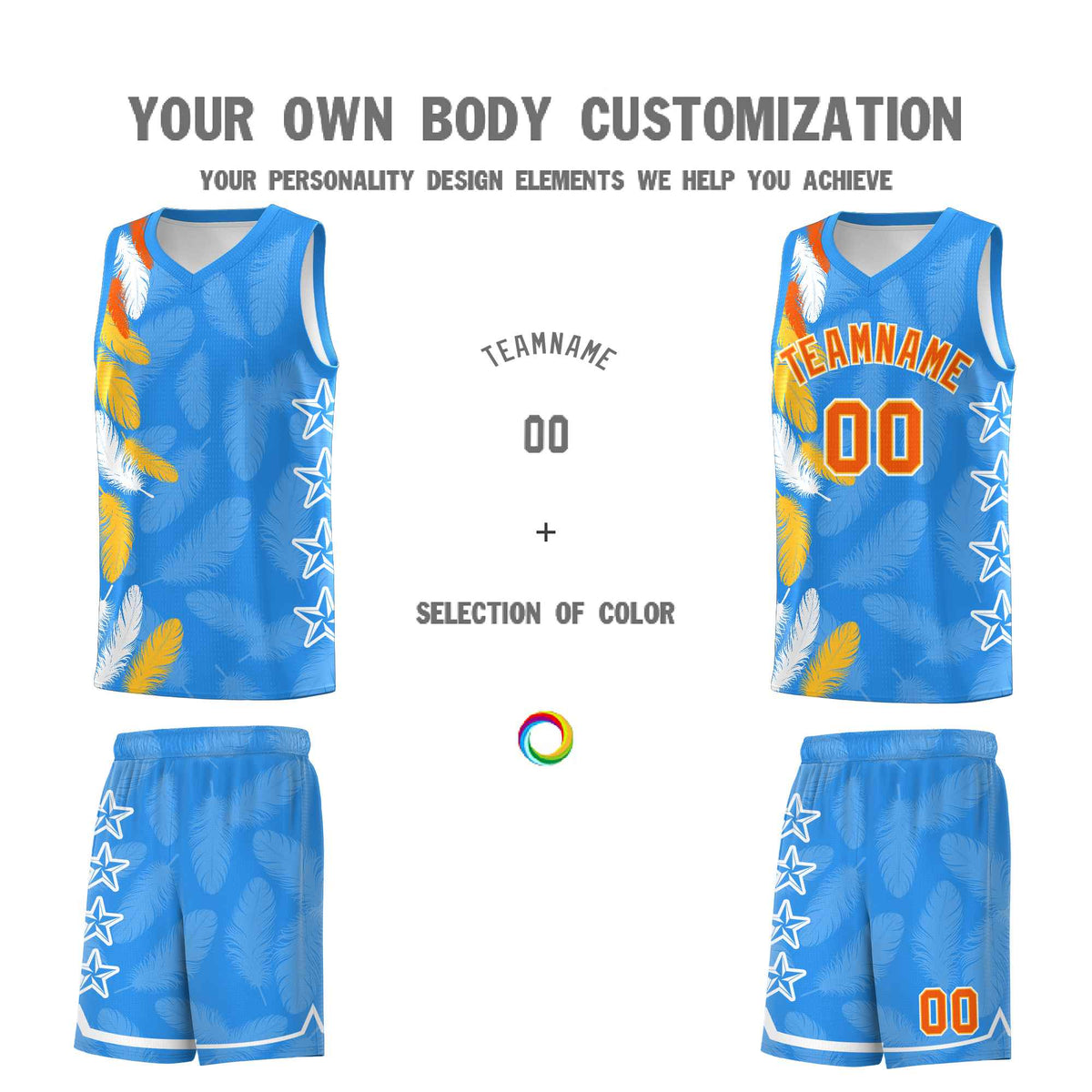 Custom Youth Basketball Jersey Powder Blue Orange Feather Series Sports Uniform
