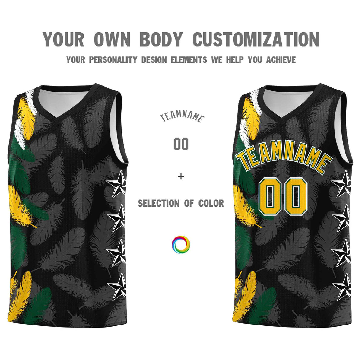 Custom Youth Basketball Jersey Black Gold Feather Series Sports Uniform