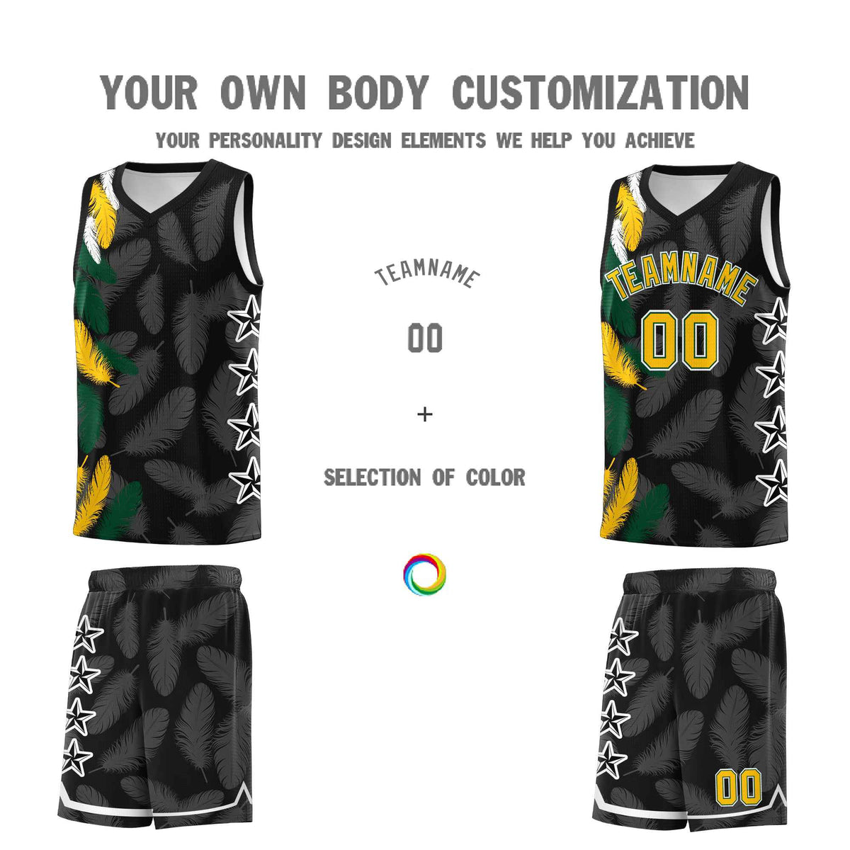 Custom Youth Basketball Jersey Black Gold Feather Series Sports Uniform