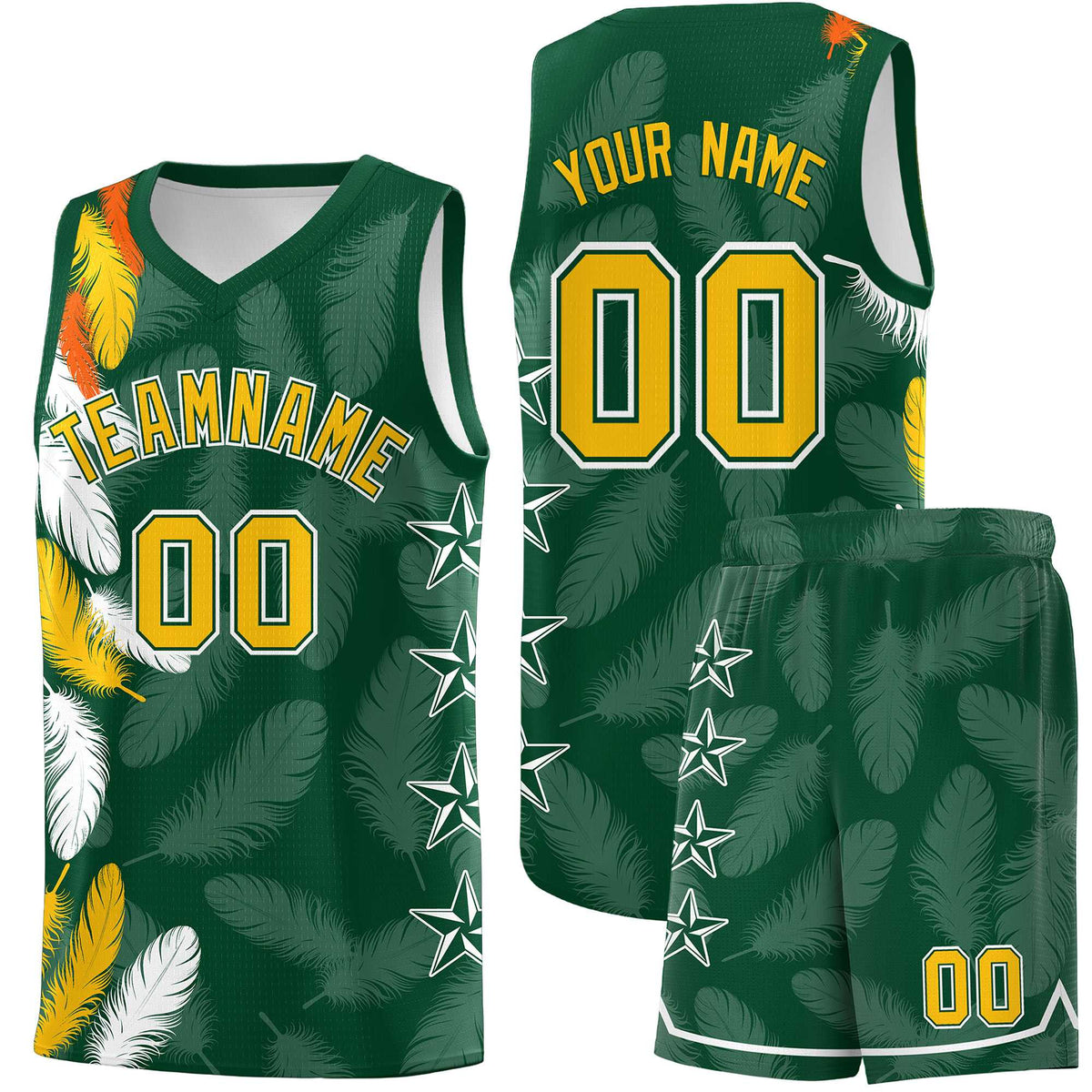 Custom Youth Basketball Jersey Green Gold Feather Series Sports Uniform