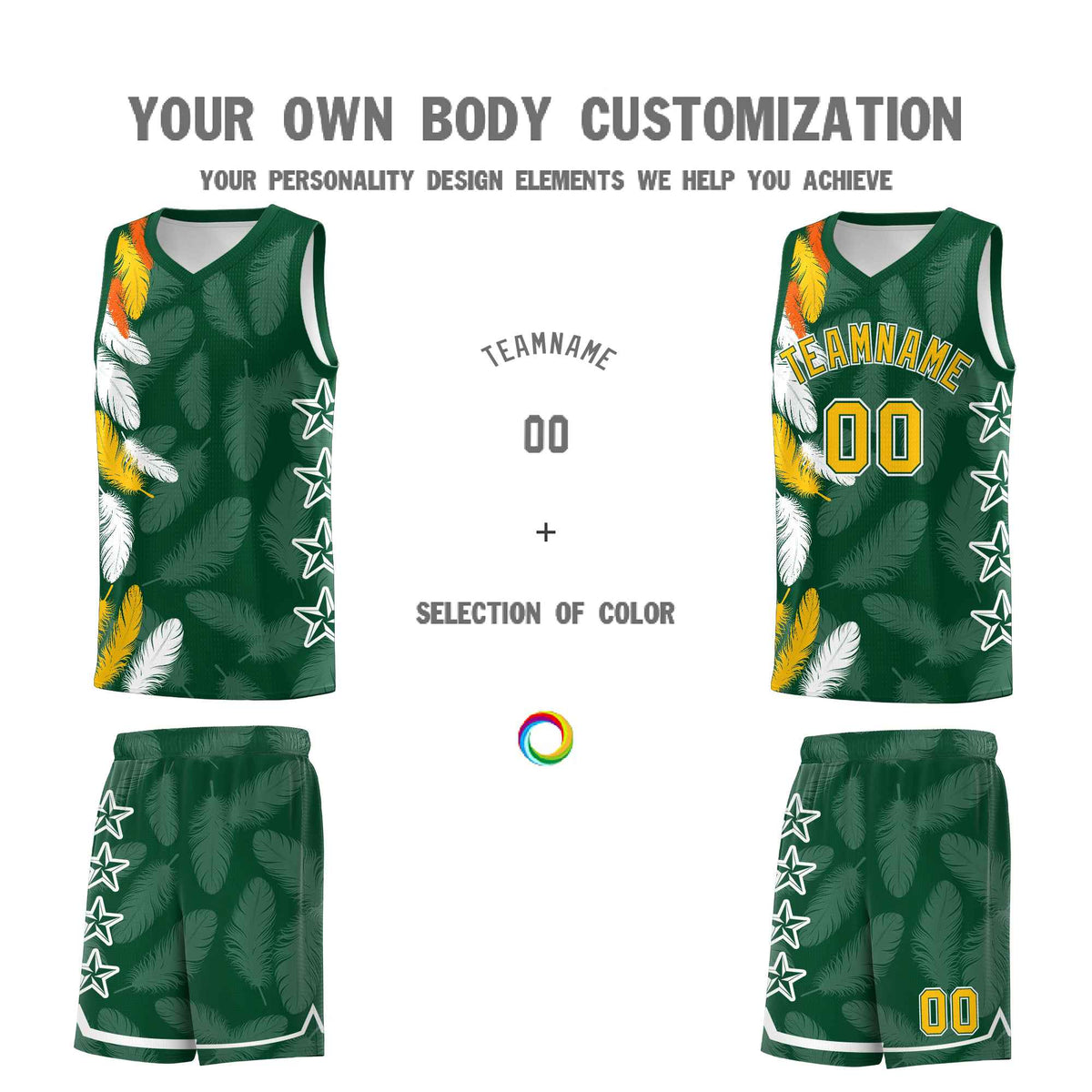 Custom Youth Basketball Jersey Green Gold Feather Series Sports Uniform