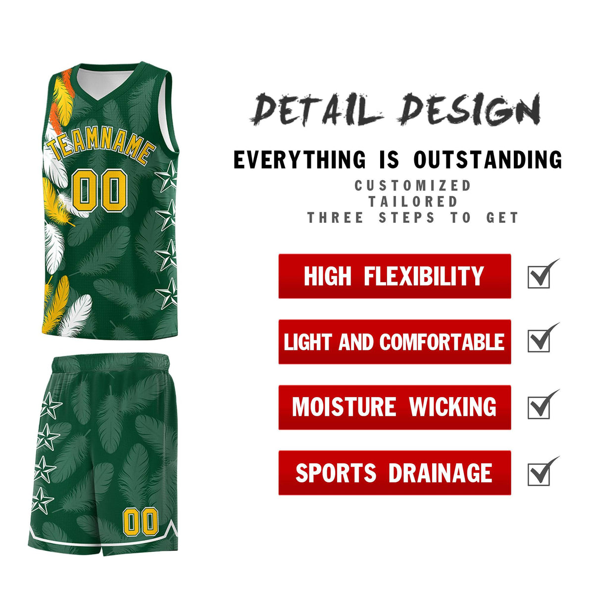 Custom Youth Basketball Jersey Green Gold Feather Series Sports Uniform