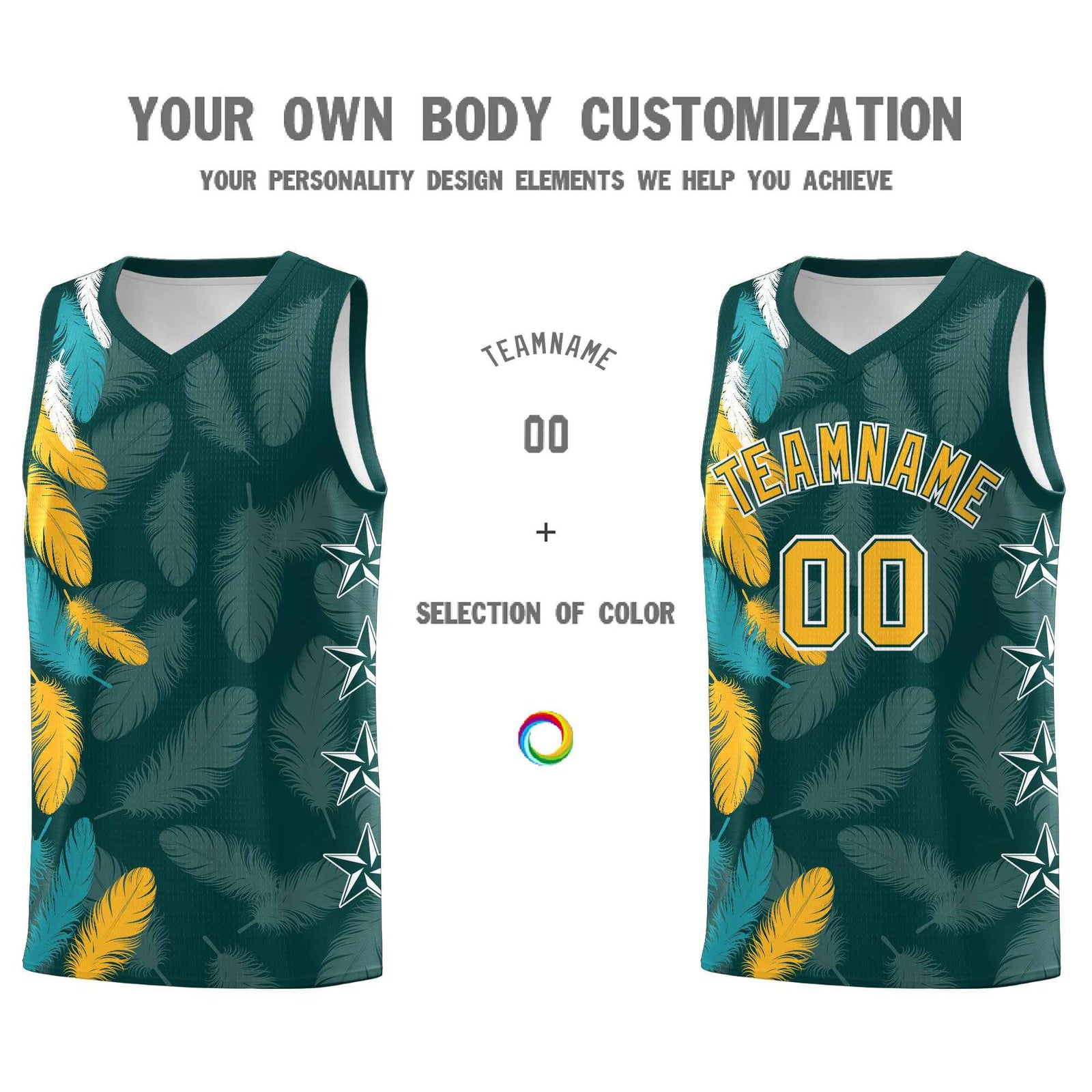 Custom Youth Basketball Jersey Midnight Green Gold Feather Series Sports Uniform