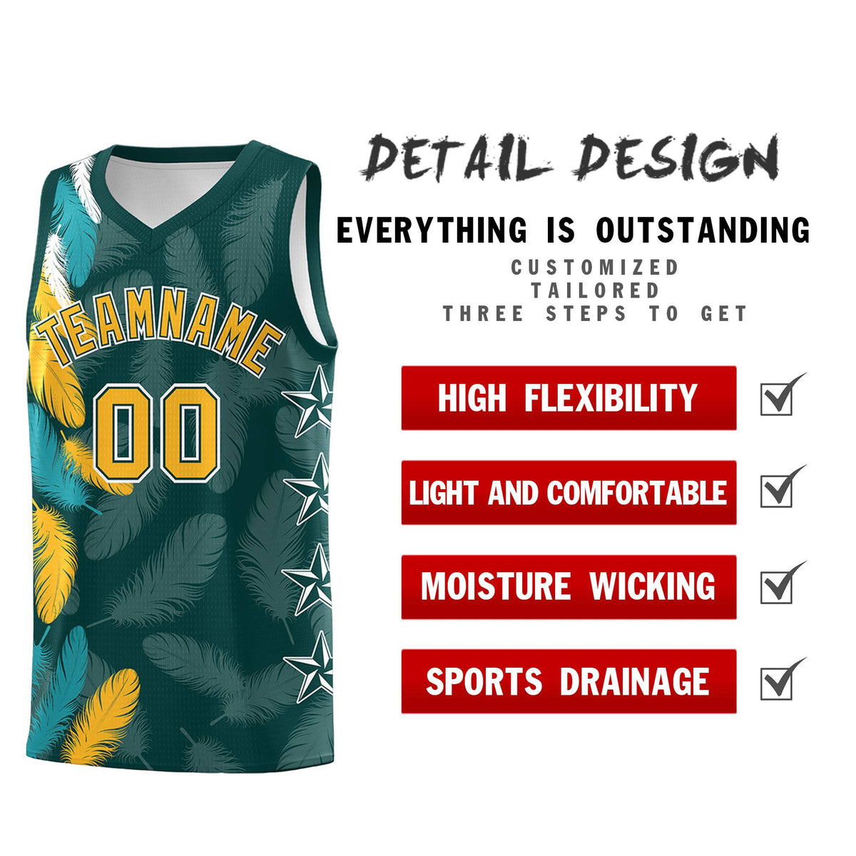 Custom Youth Basketball Jersey Midnight Green Gold Feather Series Sports Uniform