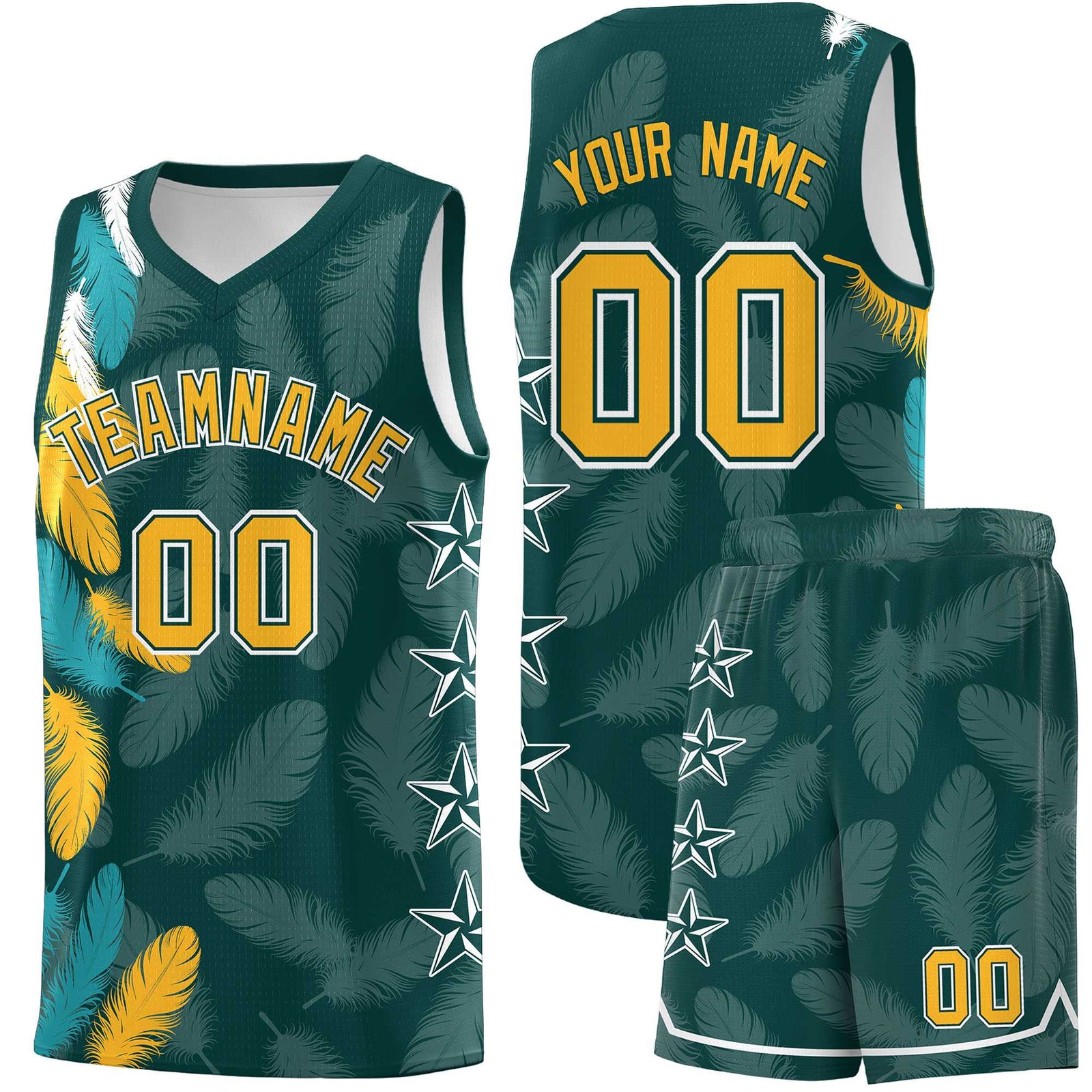 Custom Youth Basketball Jersey Midnight Green Gold Feather Series Sports Uniform