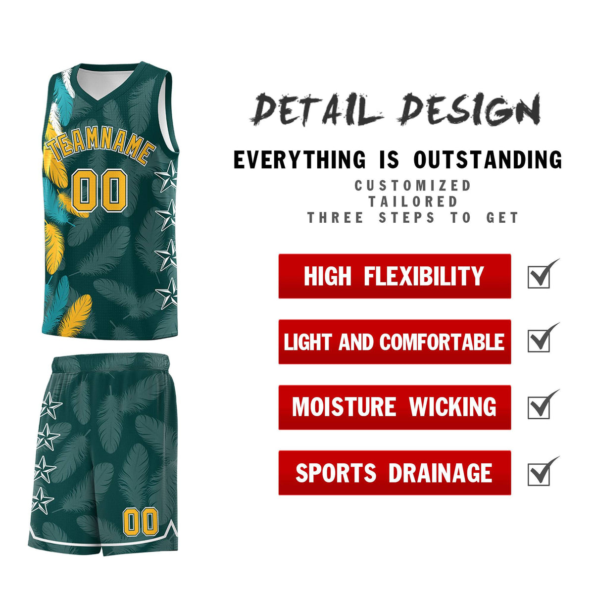 Custom Youth Basketball Jersey Midnight Green Gold Feather Series Sports Uniform