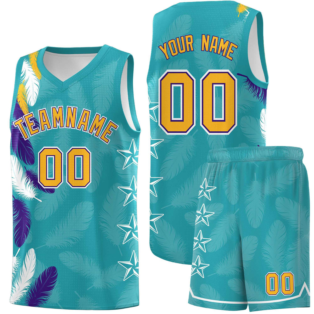 Custom Youth Basketball Jersey Aqua Gold Feather Series Sports Uniform