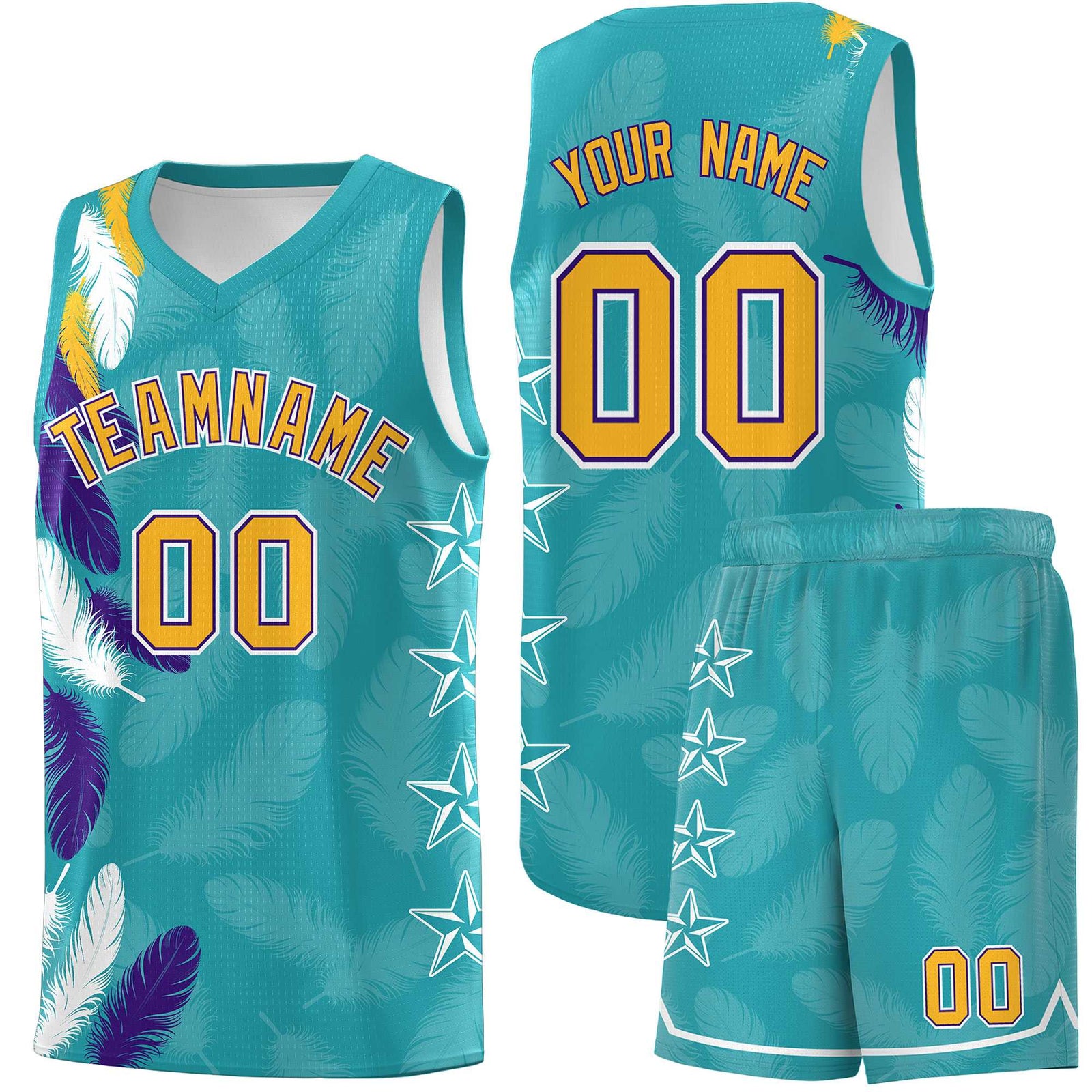 Custom Youth Basketball Jersey Aqua Gold Feather Series Sports Uniform
