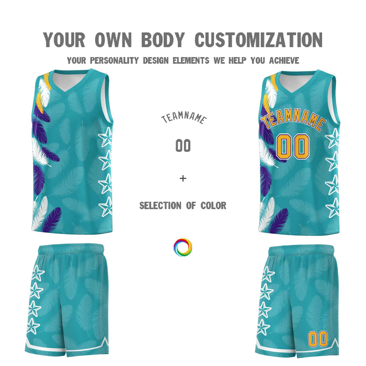 Custom Youth Basketball Jersey Aqua Gold Feather Series Sports Uniform