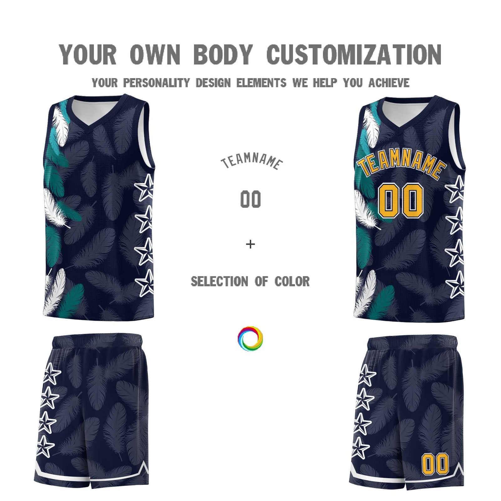 Custom Youth Basketball Jersey Navy Gold Feather Series Sports Uniform