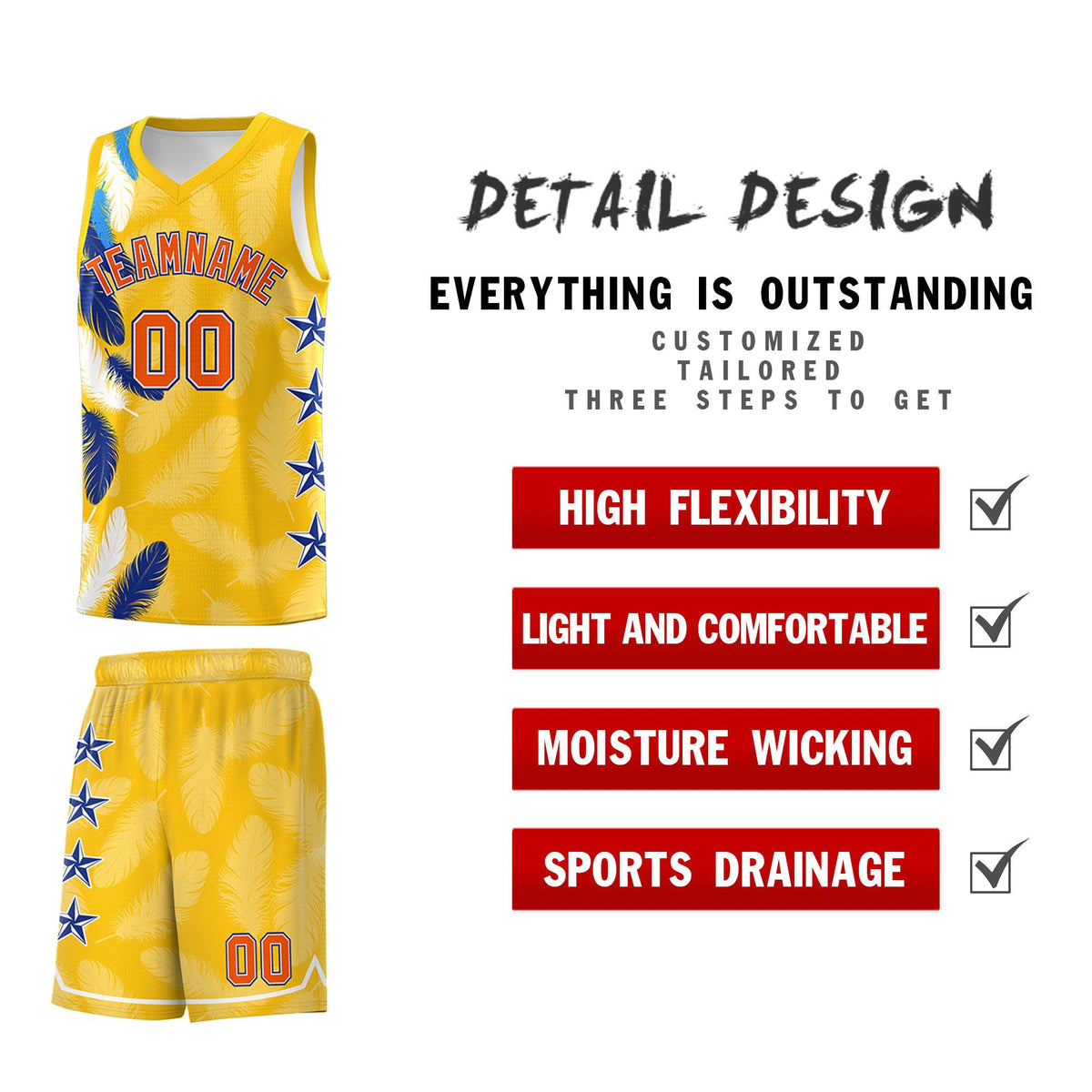 Custom Youth Basketball Jersey Gold Orange Feather Series Sports Uniform