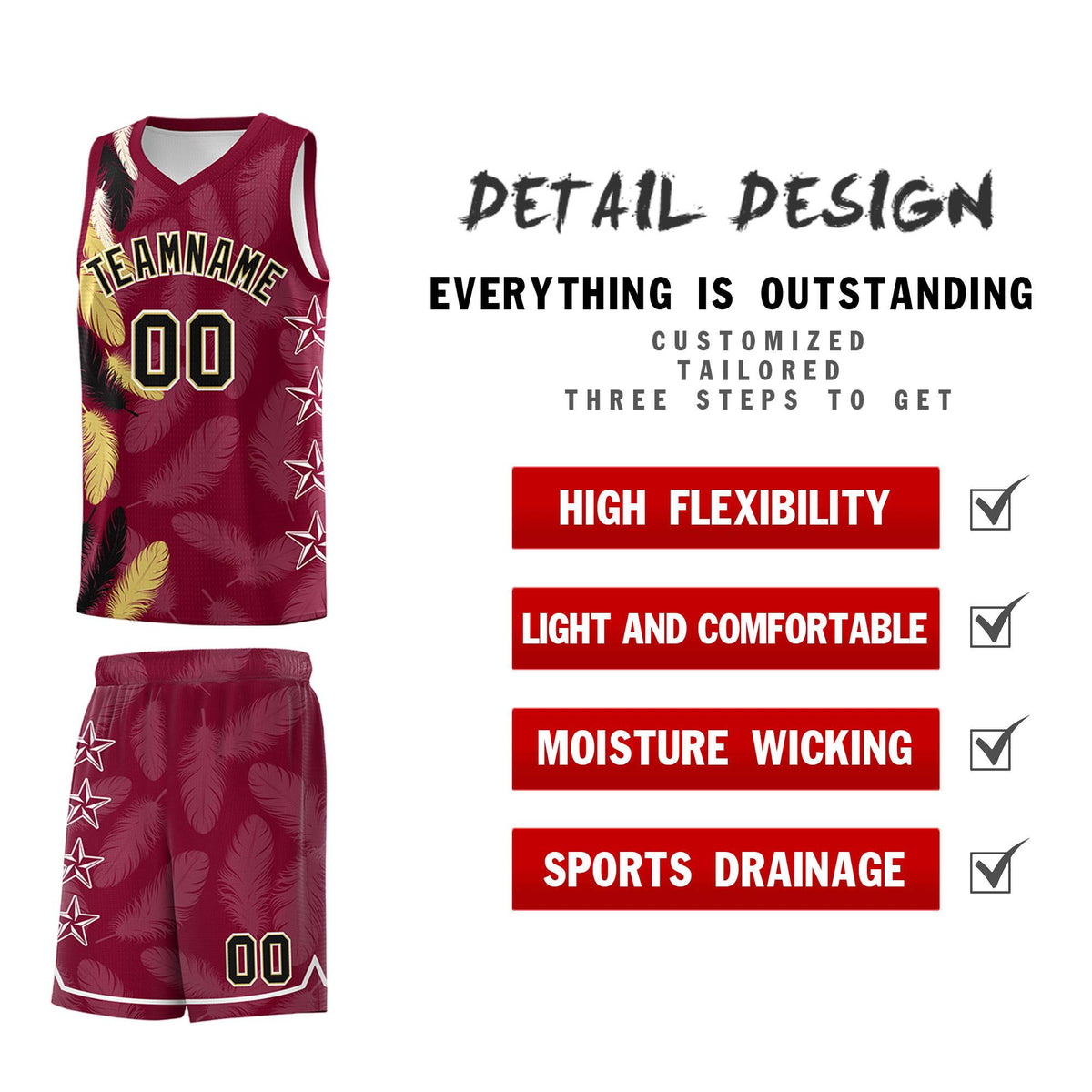 Custom Youth Basketball Jersey Crimson Black Feather Series Sports Uniform