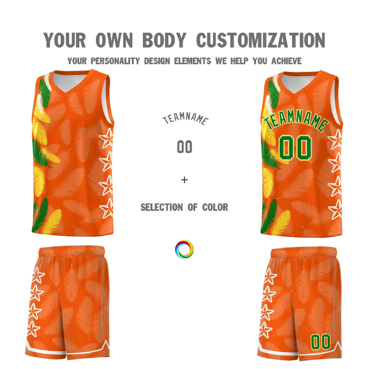 Custom Youth Basketball Jersey Orange Kelly Green Feather Series Sports Uniform