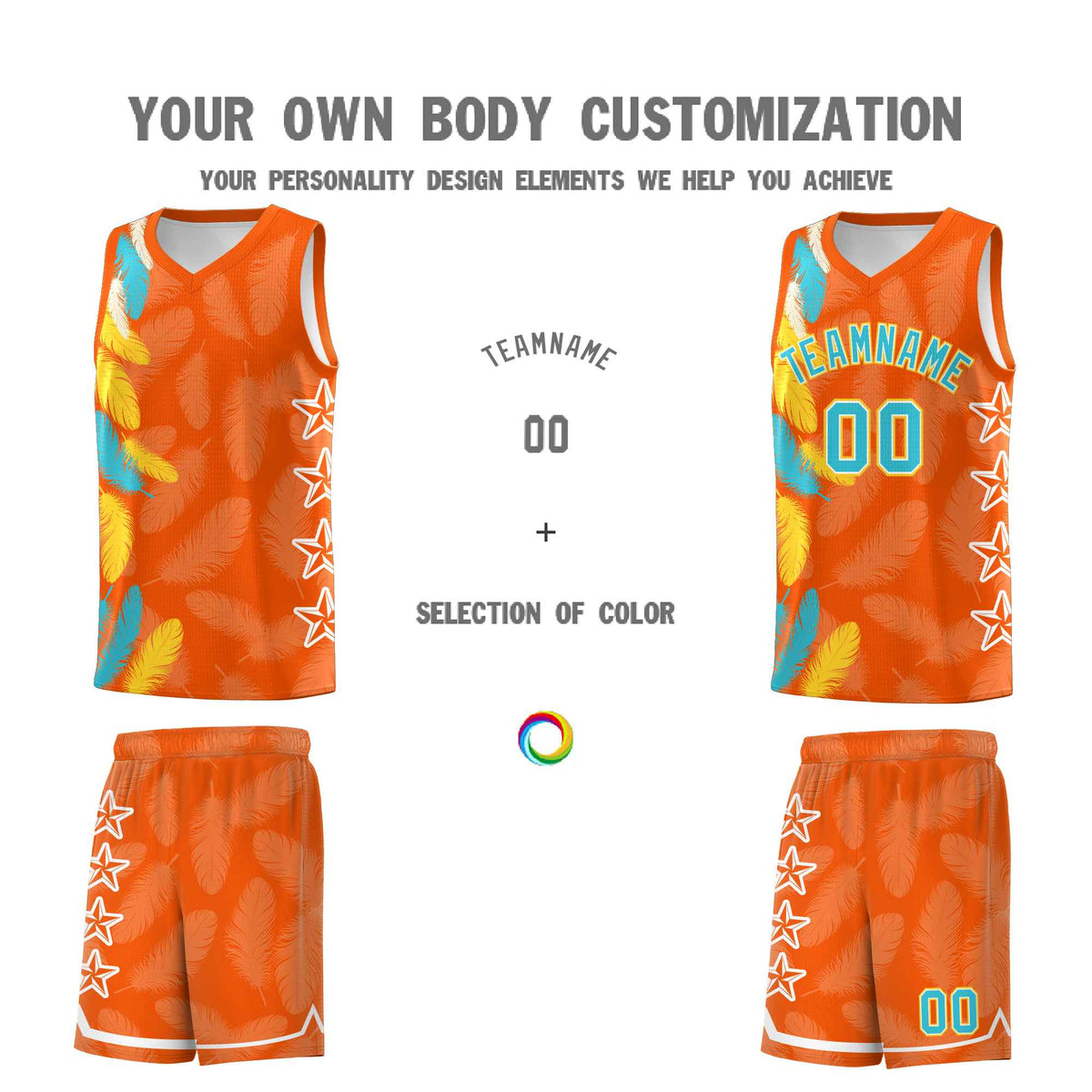 Custom Youth Basketball Jersey Orange Sky Blue Feather Series Sports Uniform