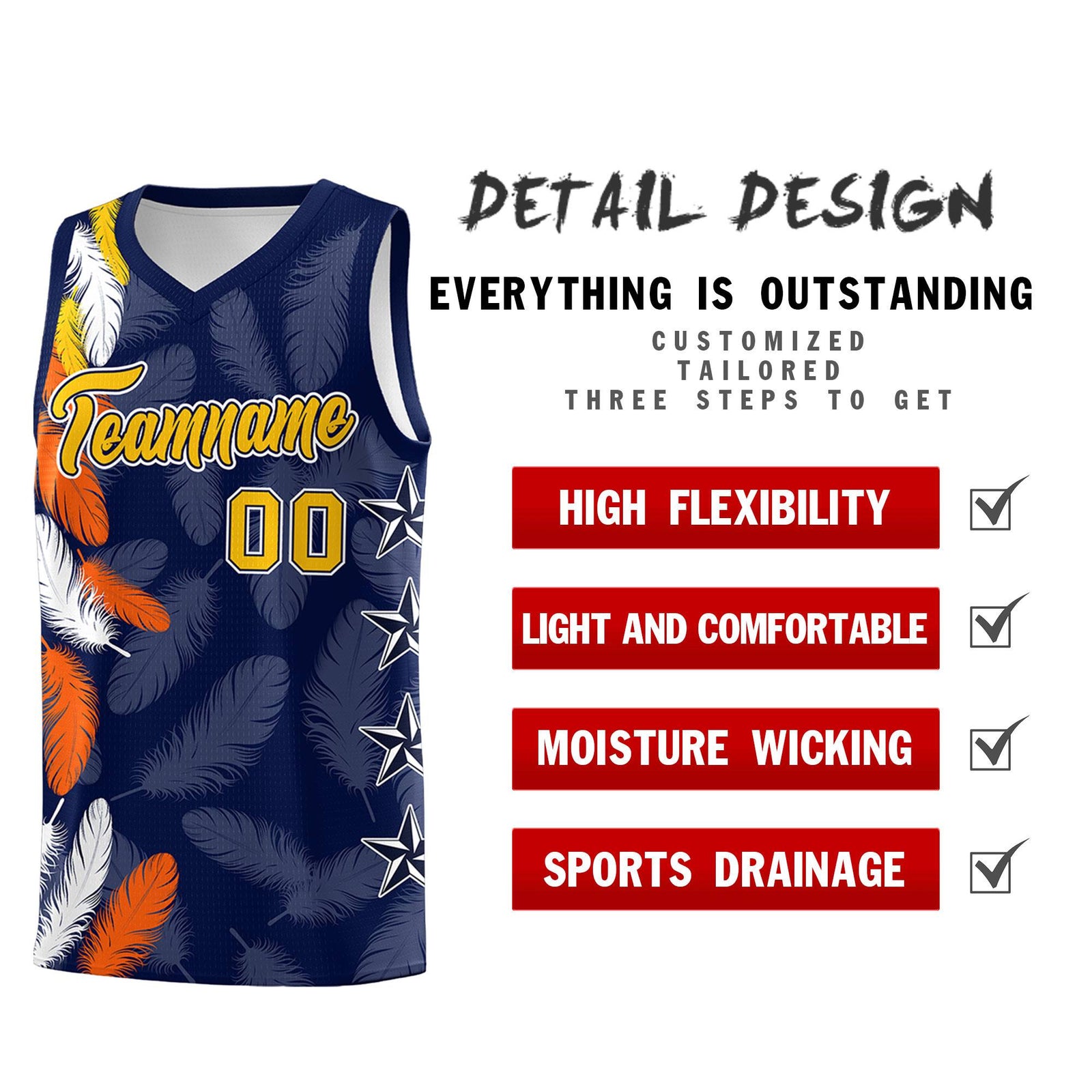 Custom Youth Basketball Jersey Navy Gold Feather Series Sports Uniform